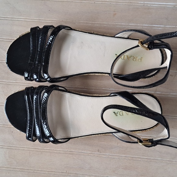 PRADA Black Patent Leather Espadrille Designer Platform Classy Strap Sandals - Picture 2 of 12
